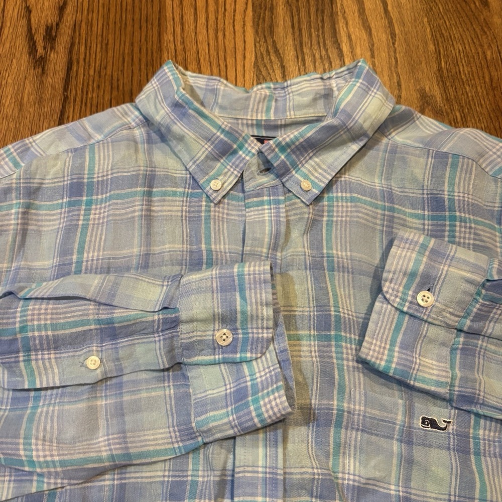 Vineyard Vines Men's Linen‎ Classic Fit Tucker Shirt Blue Green  Plaid Size XL